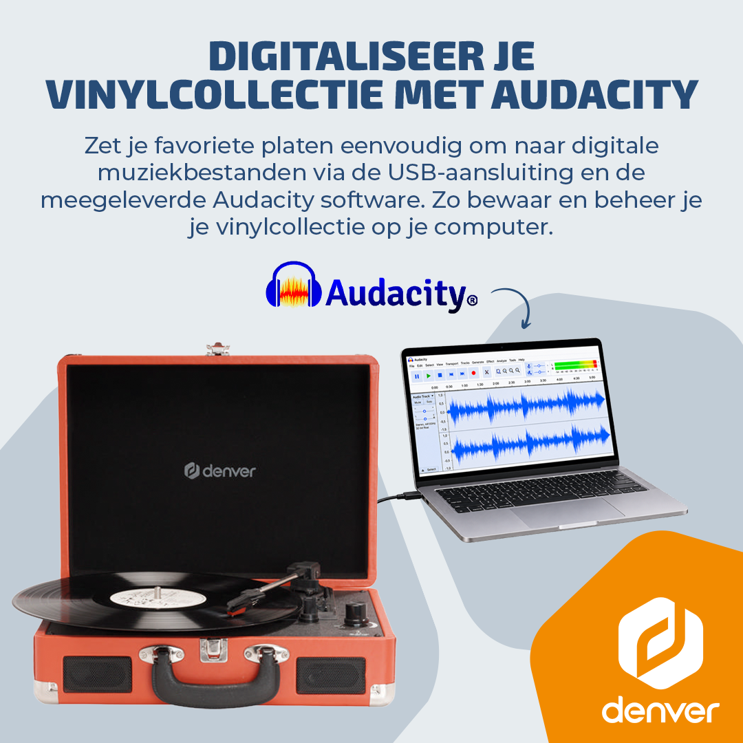 Een oranje platenspeler verbonden met een laptop met Audacity-software voor het digitaliseren.