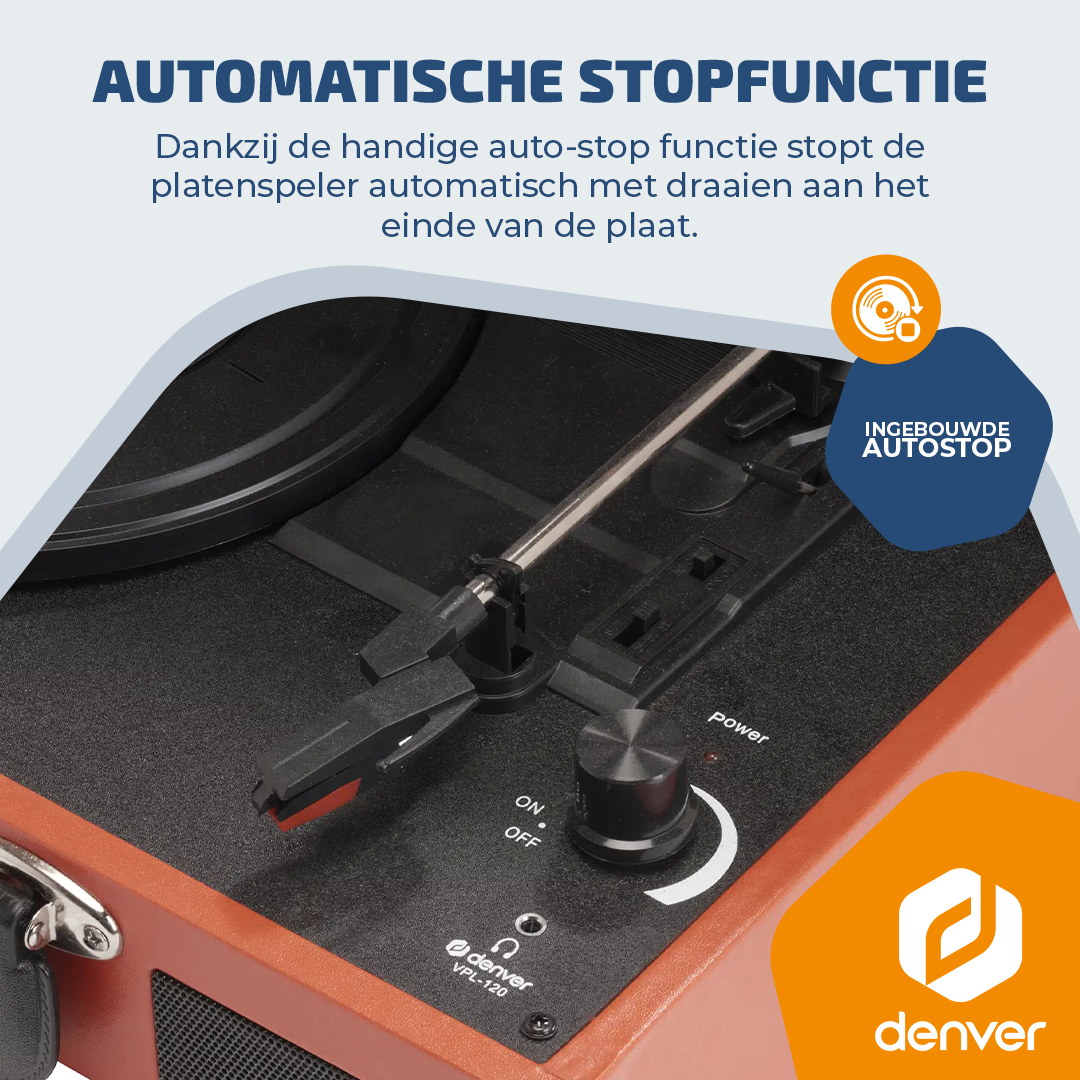 Close-up van een rood-zwarte Denver platenspeler met toonarm en volumeknop.