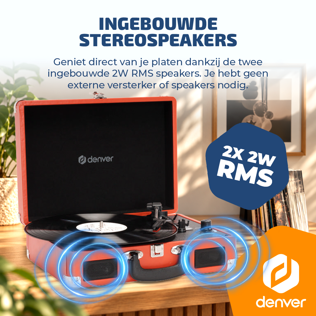 Een open rode Denver platenspeler speelt een vinylplaat af, met oplichtende blauwe geluidsgolven.