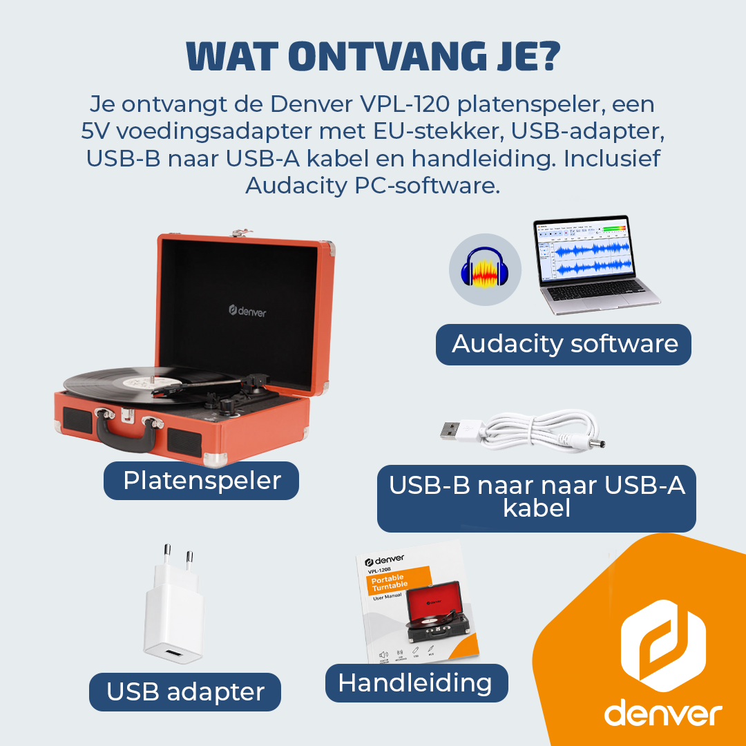 Inhoud van de verpakking voor Denver VPL-120 platenspeler met accessoires zoals kabels, adapter, software en handleiding.