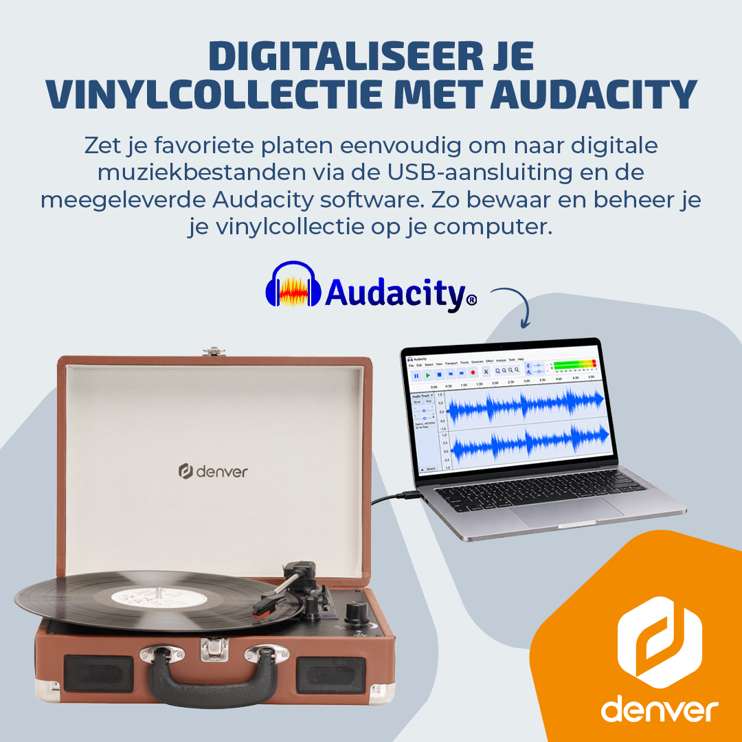 Ein brauner Denver Plattenspieler ist über USB mit einem Laptop verbunden, auf dem Audacity läuft.
