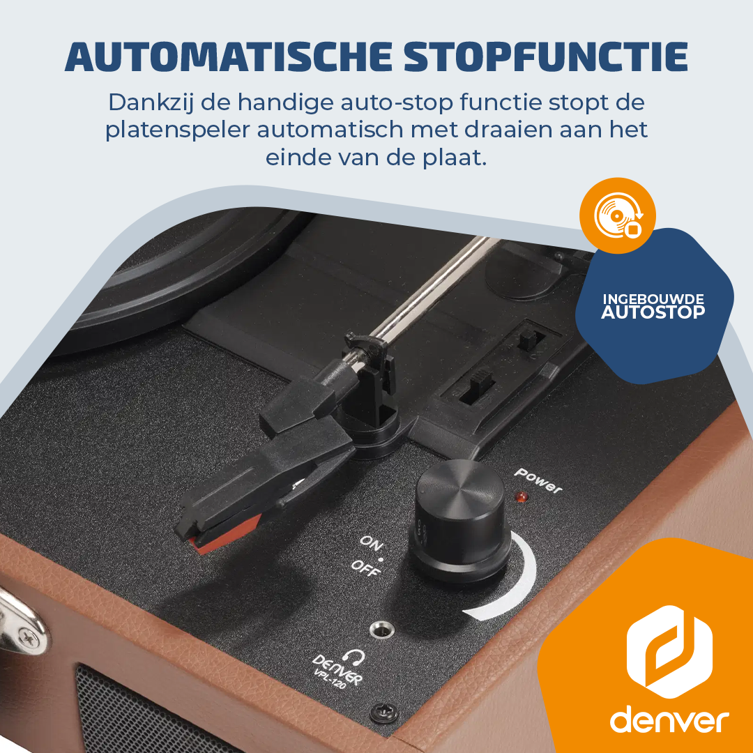 Schallplattenstapler mit Automatik-Stopp-Funktion, Drehknopf und Kopfhöreranschluss.