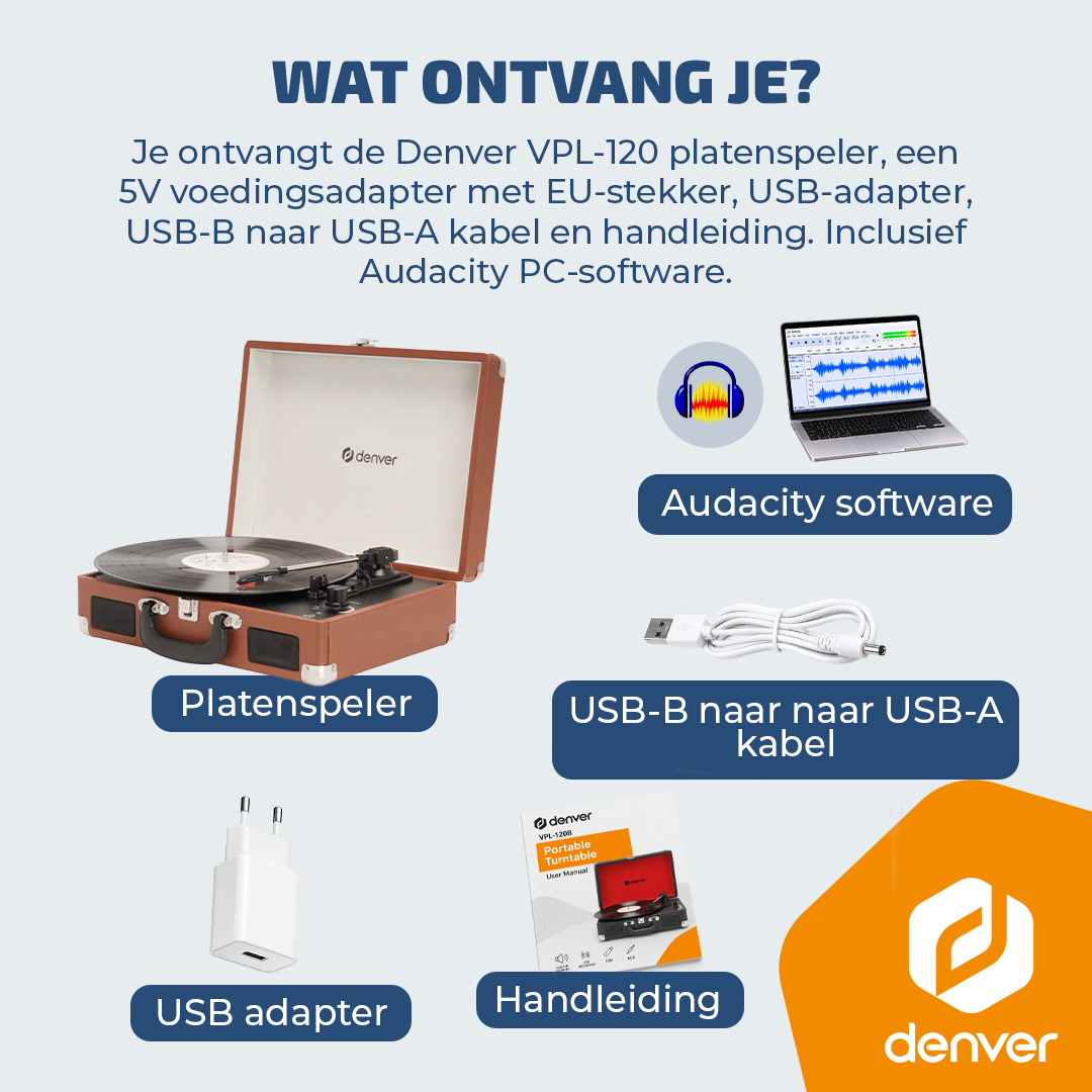 Lieferumfang: brauner Plattenspieler, USB-Kabel, USB-Adapter, Anleitung und Audacity Software.