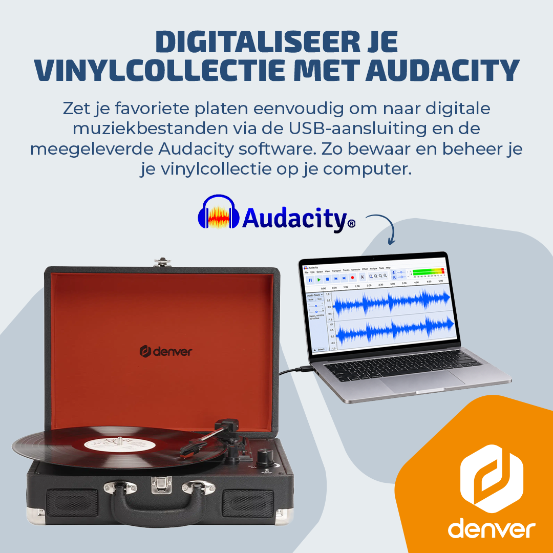 Een draagbare platenspeler via USB aangesloten op een laptop met Audacity.