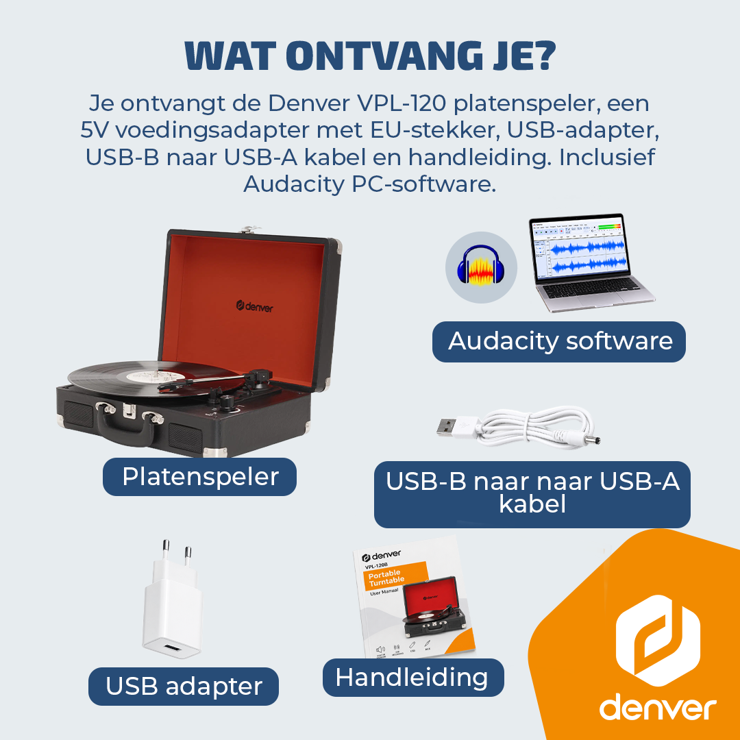 Inclusief platenspeler, software, kabel, adapter en handleiding op lichte achtergrond.