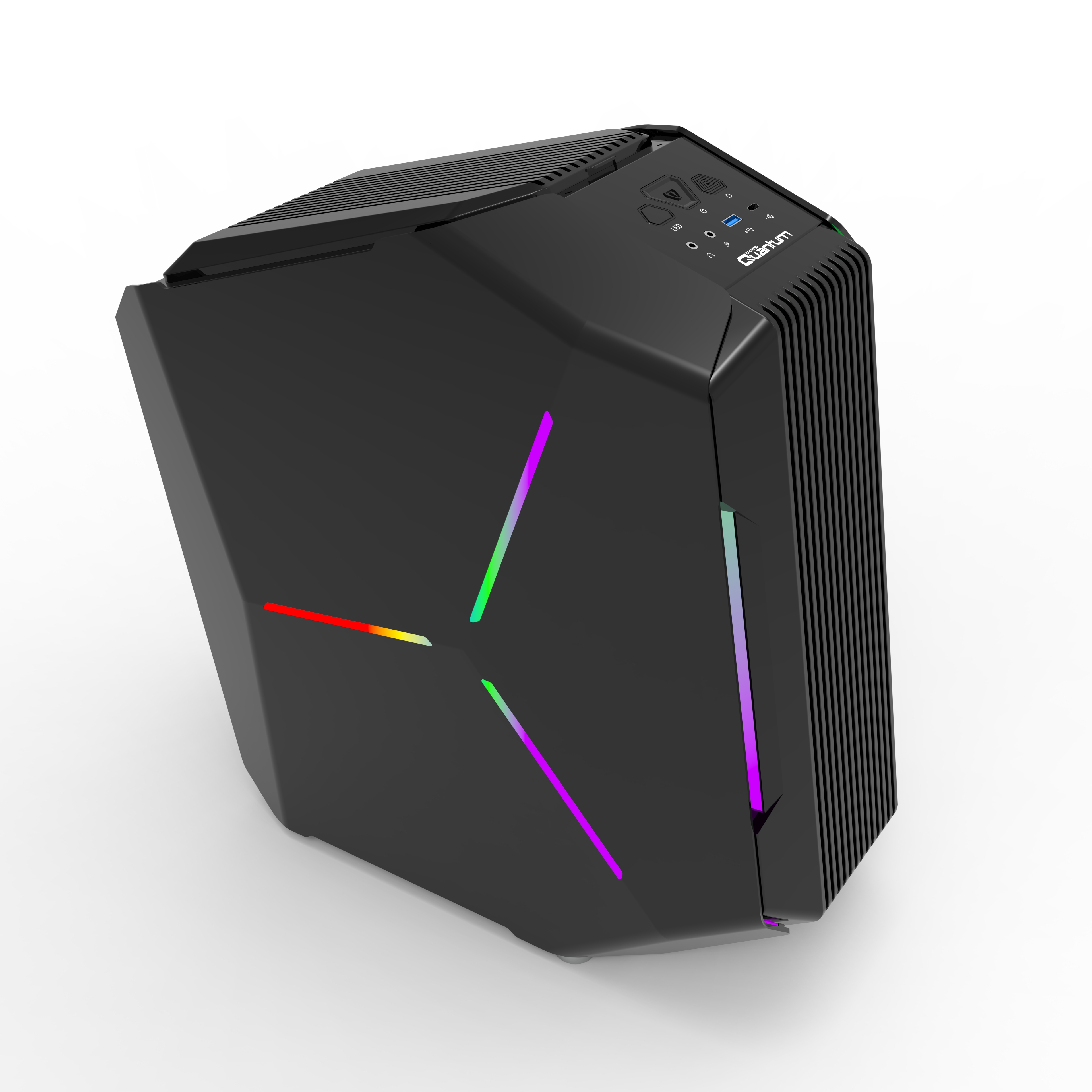 Beyaz arkaplanda açılı tasarıma, RGB ışıklara ve üst bağlantı noktalarına sahip siyah modern bir oyun bilgisayarı kasası.