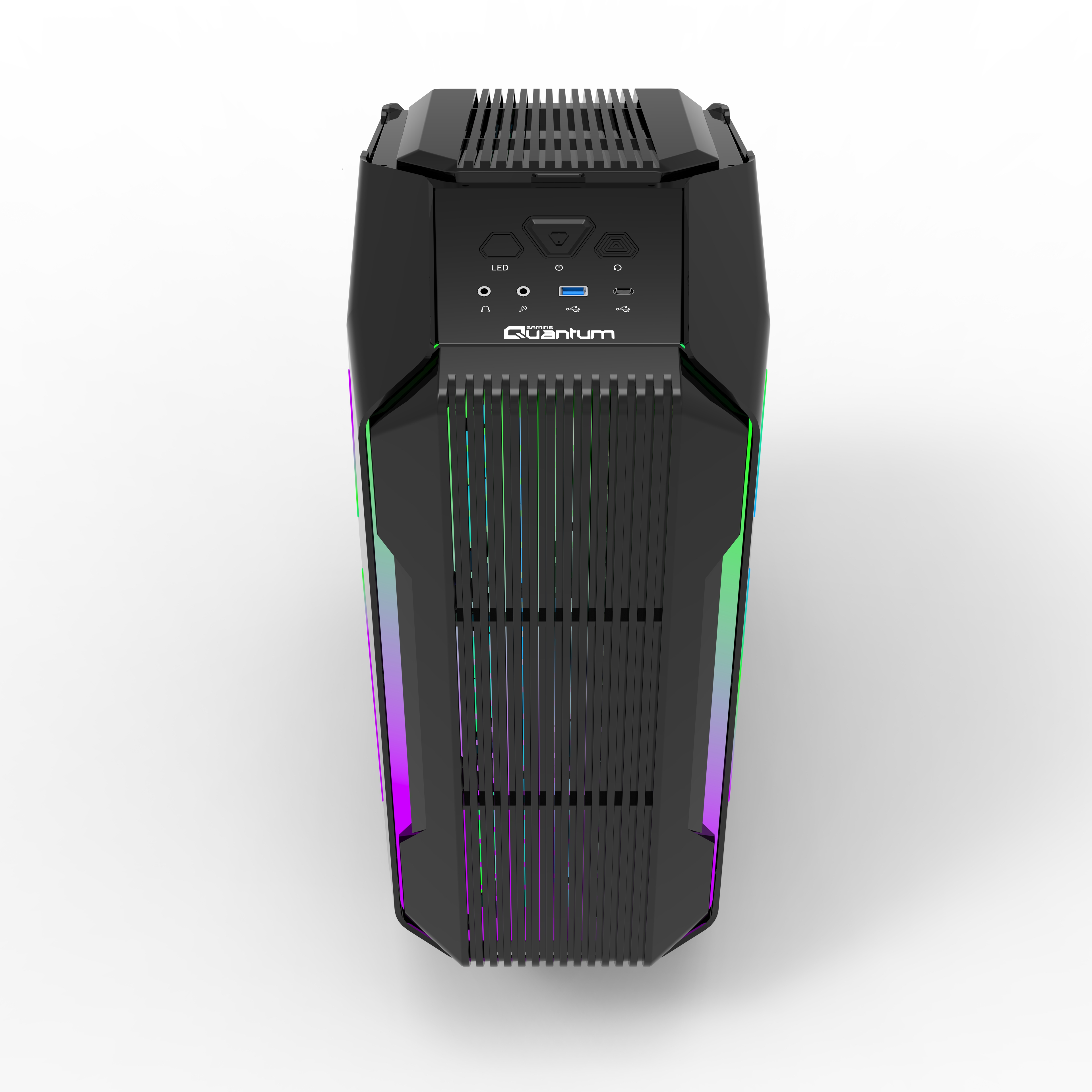 RGB aydınlatmalı ve üst bağlantı noktalarına sahip siyah Quantum oyuncu PC kasası, beyaz arka planda.