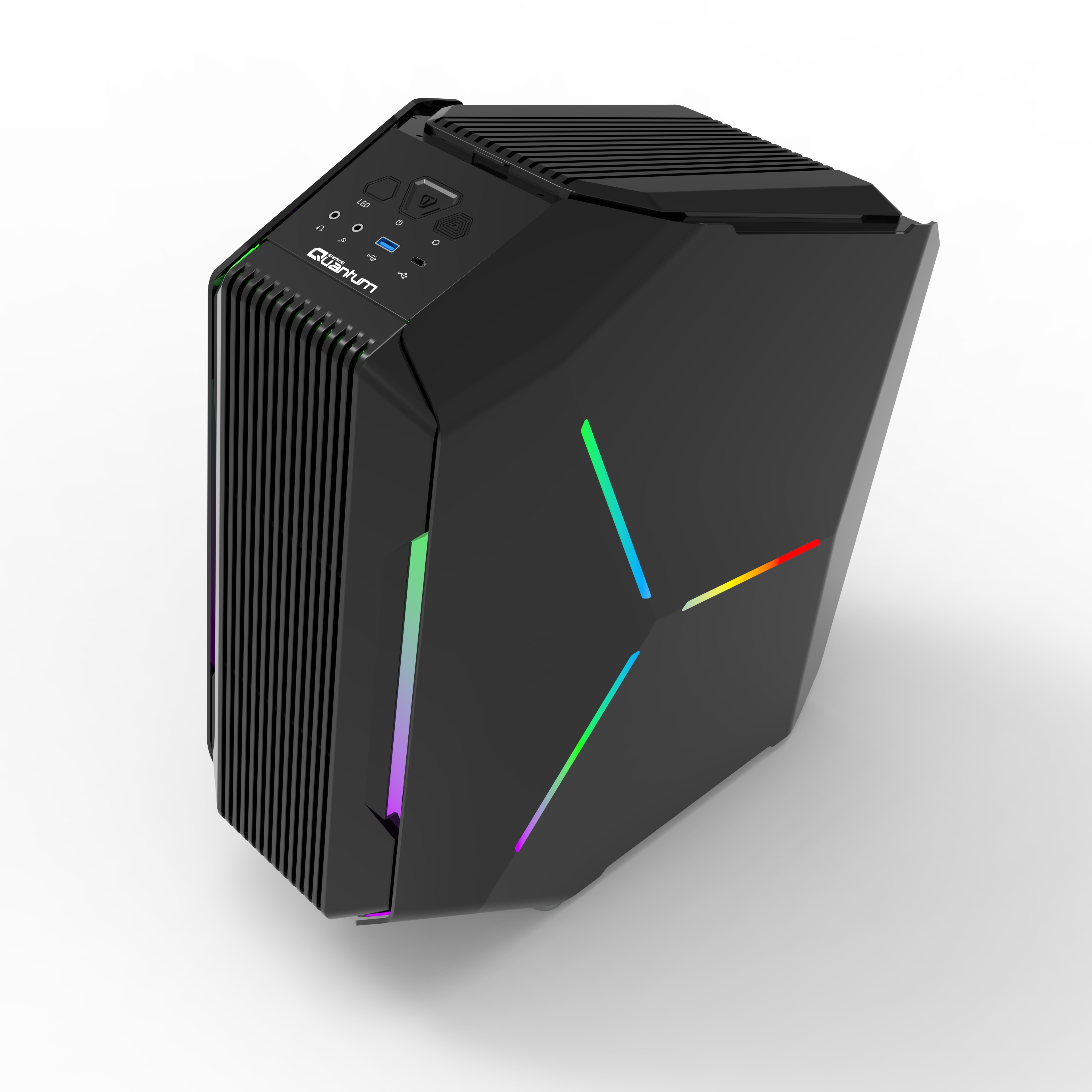 Beyaz arka planda RGB aydınlatmalı siyah bir oyuncu PC kasası.