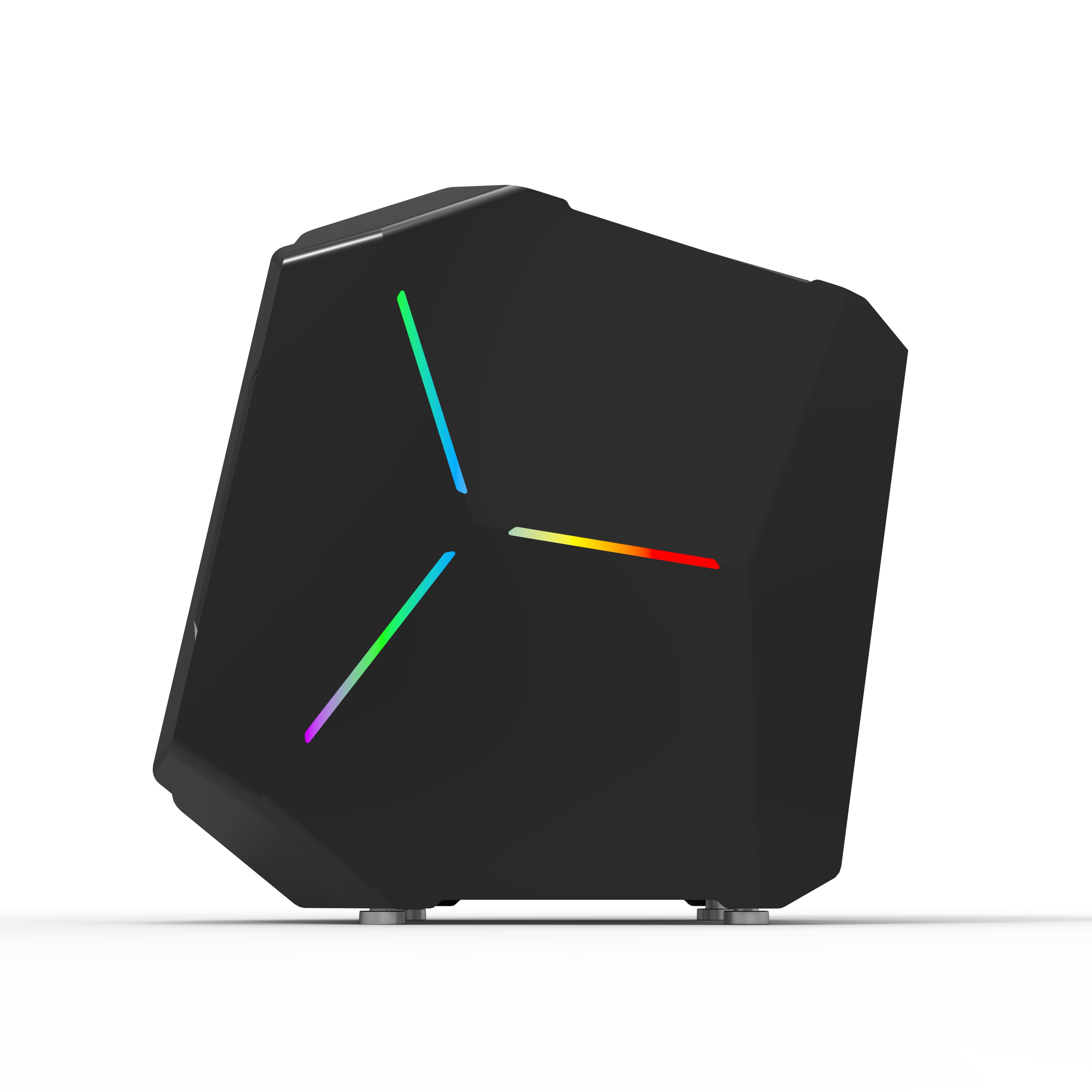Ön panelinde üç kollu RGB aydınlatma bulunan asimetrik siyah bilgisayar kasası.