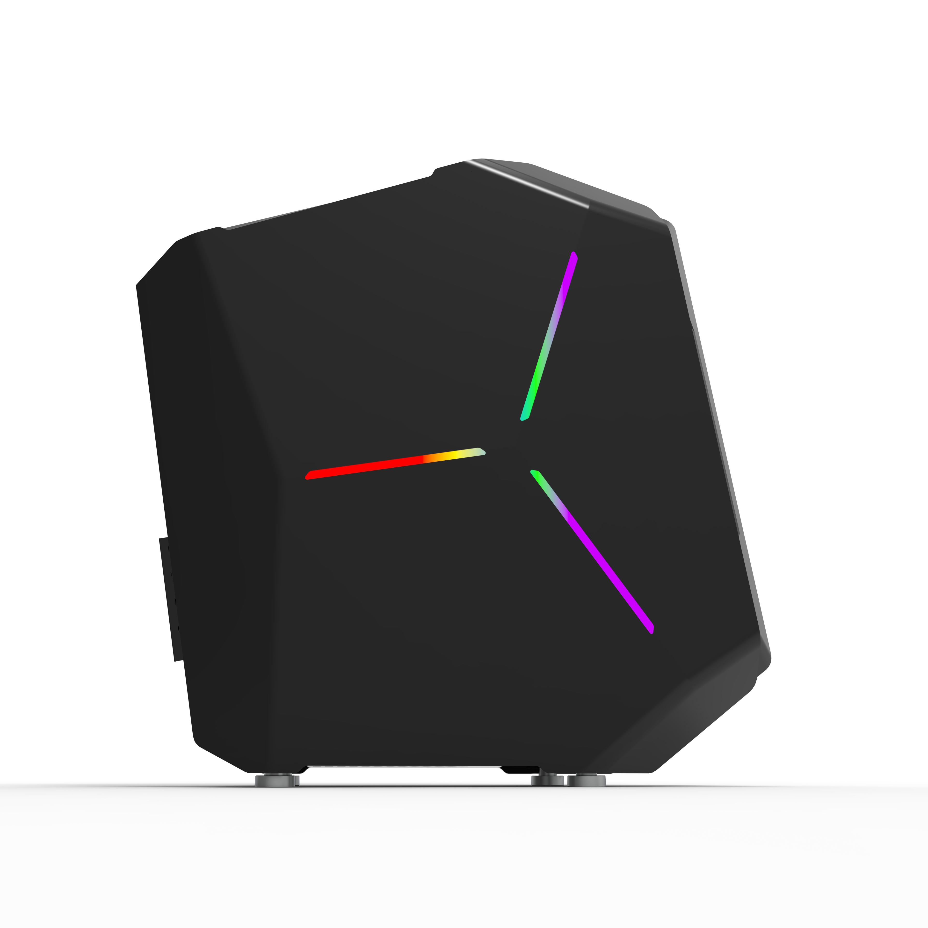 Açılı tasarıma ve yıldız şeklinde canlı RGB aydınlatmaya sahip siyah modern bilgisayar kasası.