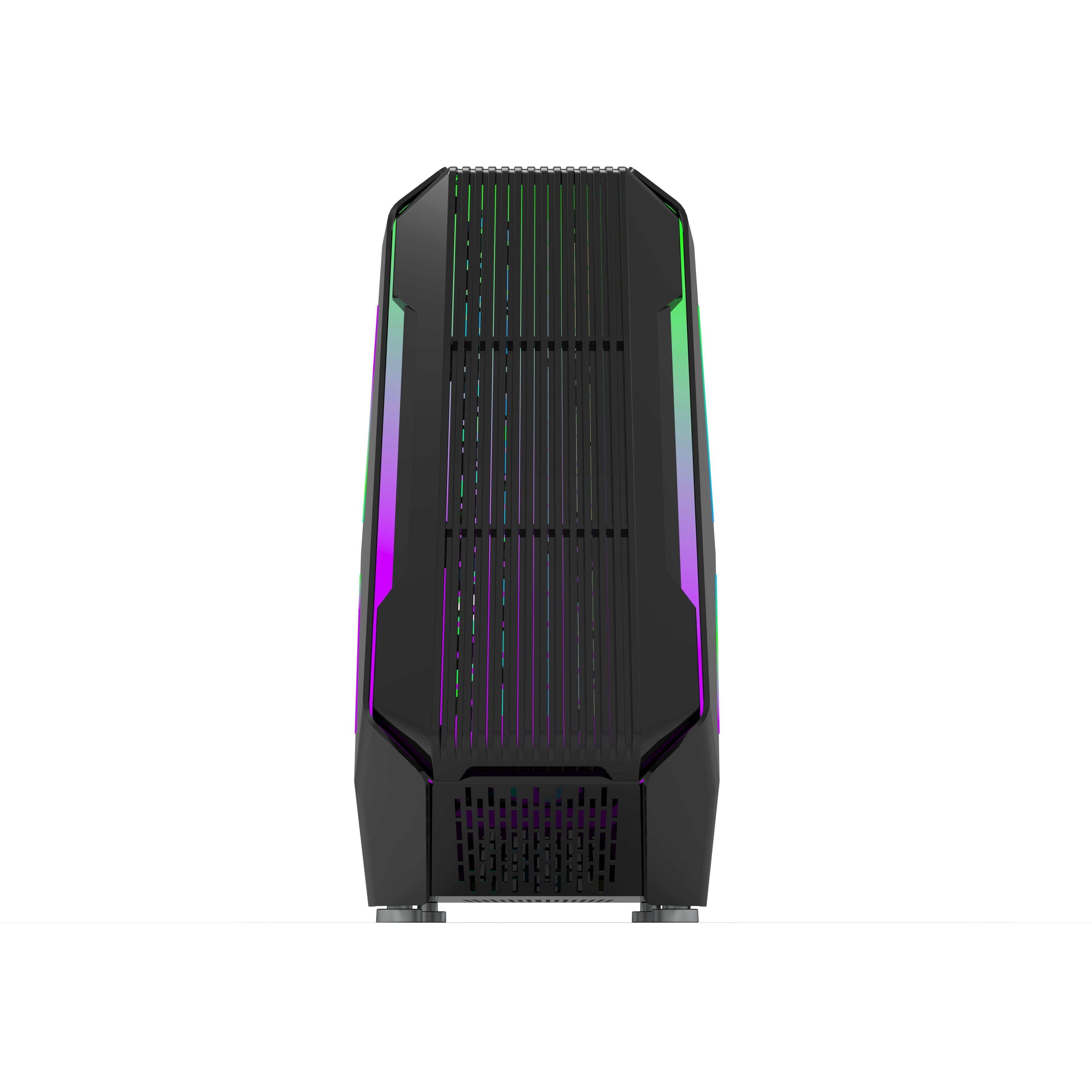 Beyaz arka planda dikey ızgaralara ve renkli RGB ışıklara sahip siyah bir bilgisayar kasasının önden görünümü.