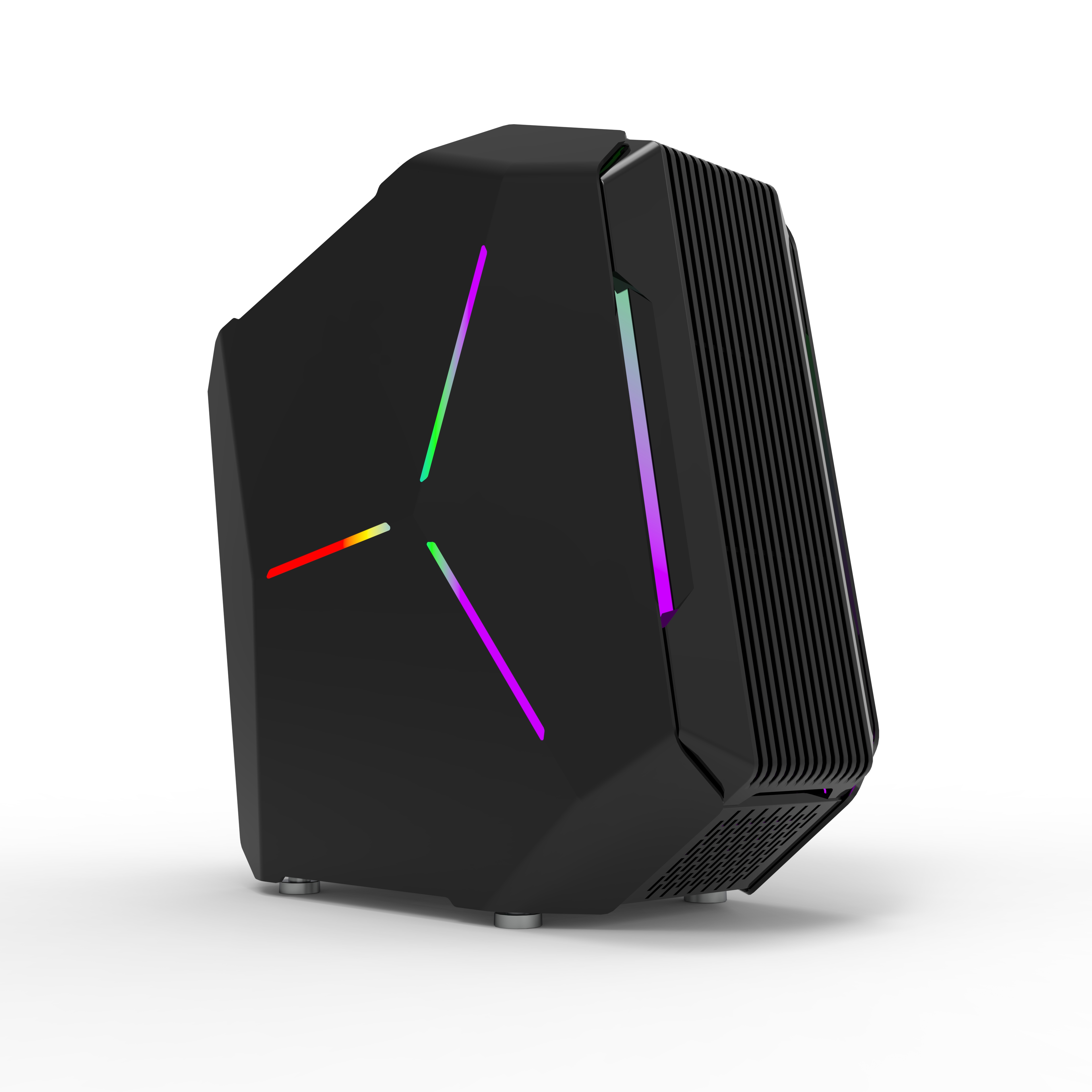 Beyaz arka planda açılı tasarıma ve renkli RGB aydınlatma şeritlerine sahip siyah, modern bir oyun bilgisayarı kasası.