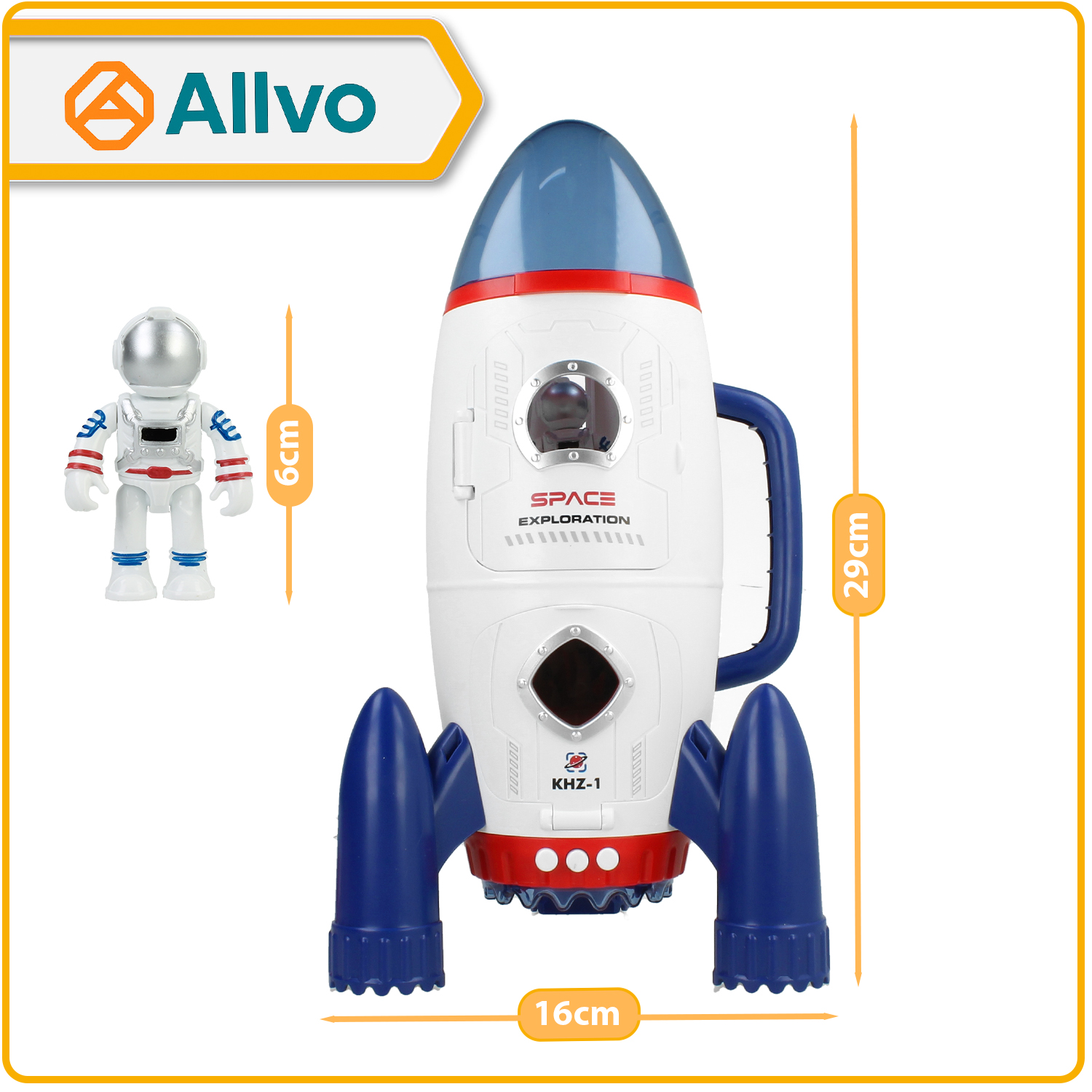 Biało-niebiesko-czerwona zabawka rakietowa o wys. 29cm z astronautą 6cm i logo Allvo.