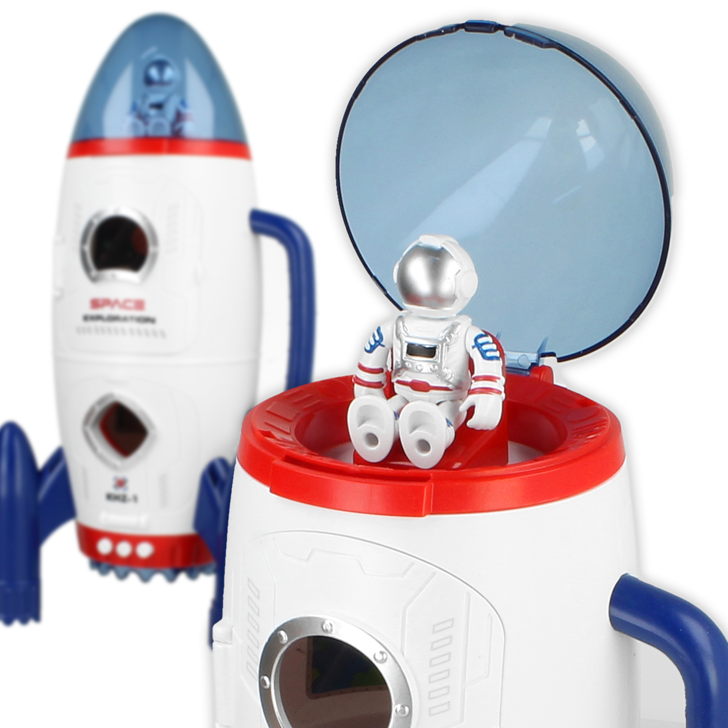 Białoróżowa zabawka rakieta kosmiczna z figurką astronautę na białym tle.