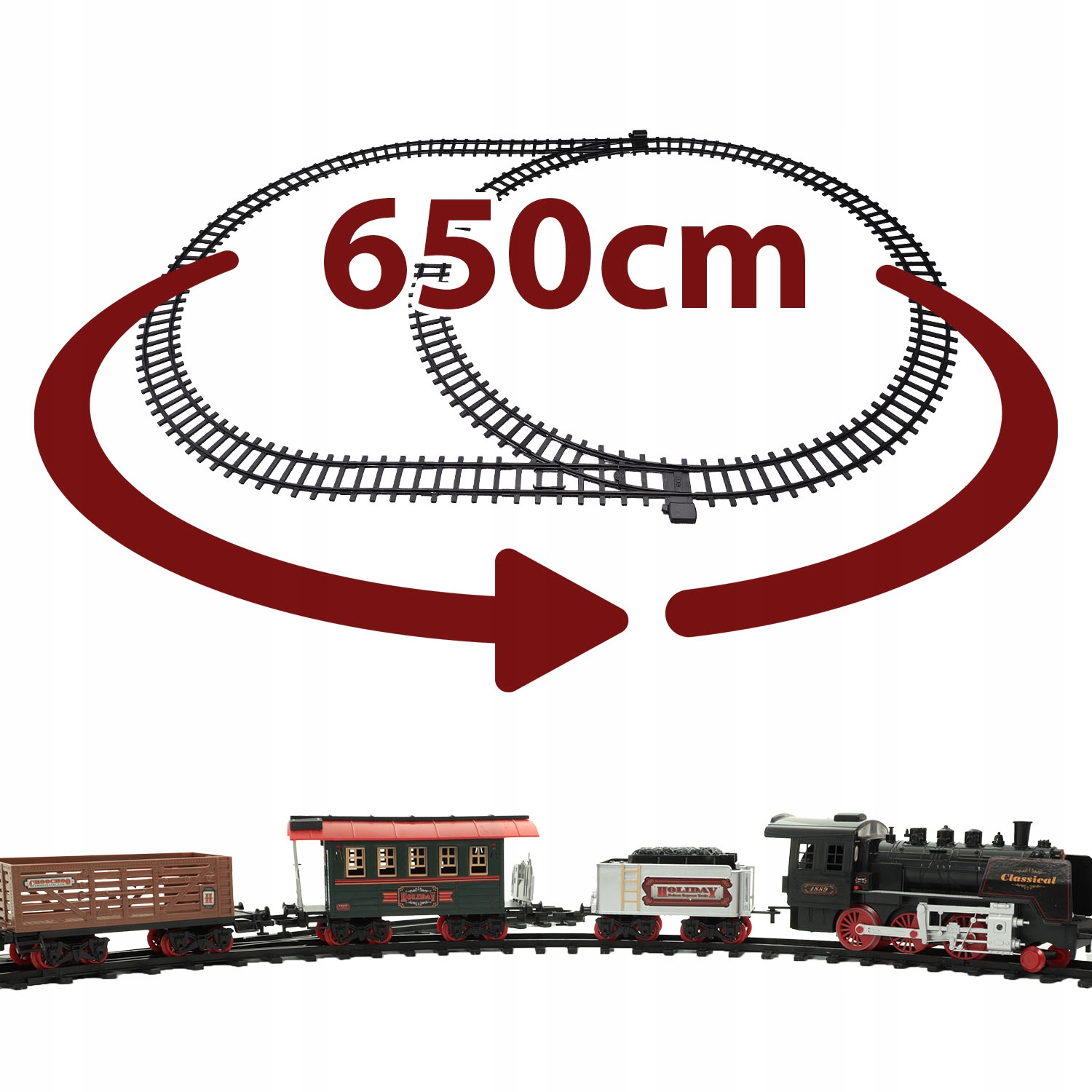 Kolejka modelarska z torem o długości 650 cm i czterema wagonami na zakrzywionych szynach.
