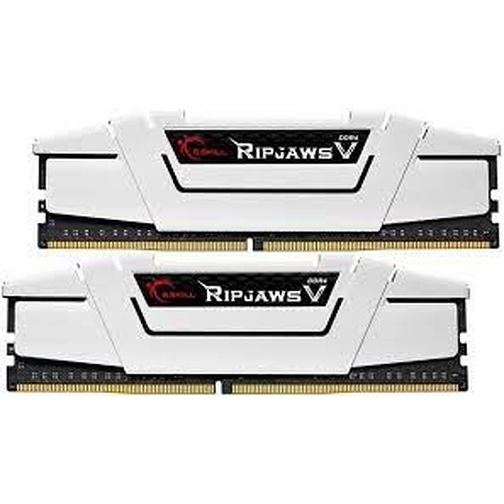 Dwie białe kości pamięci RAM DDR4 G.Skill Ripjaws V z czarnymi akcentami i złotymi pinami na białym tle.