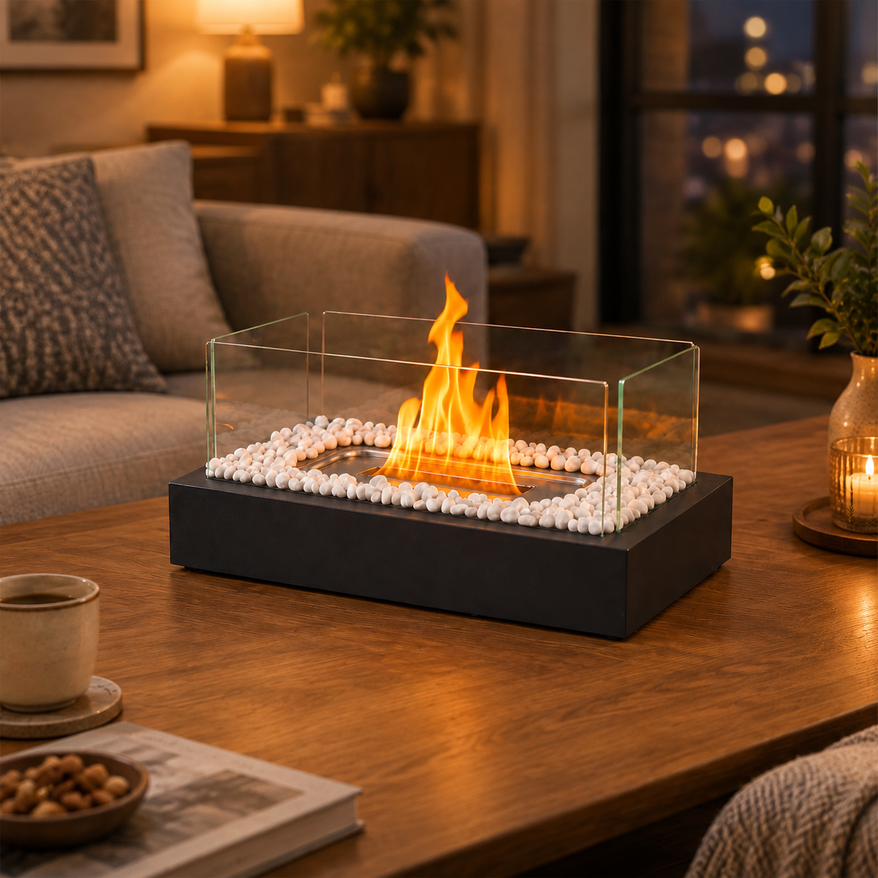 Ein Tischkamin mit Flammen und weißen Steinen steht auf einem Holztisch in einem gemütlichen Wohnzimmer.