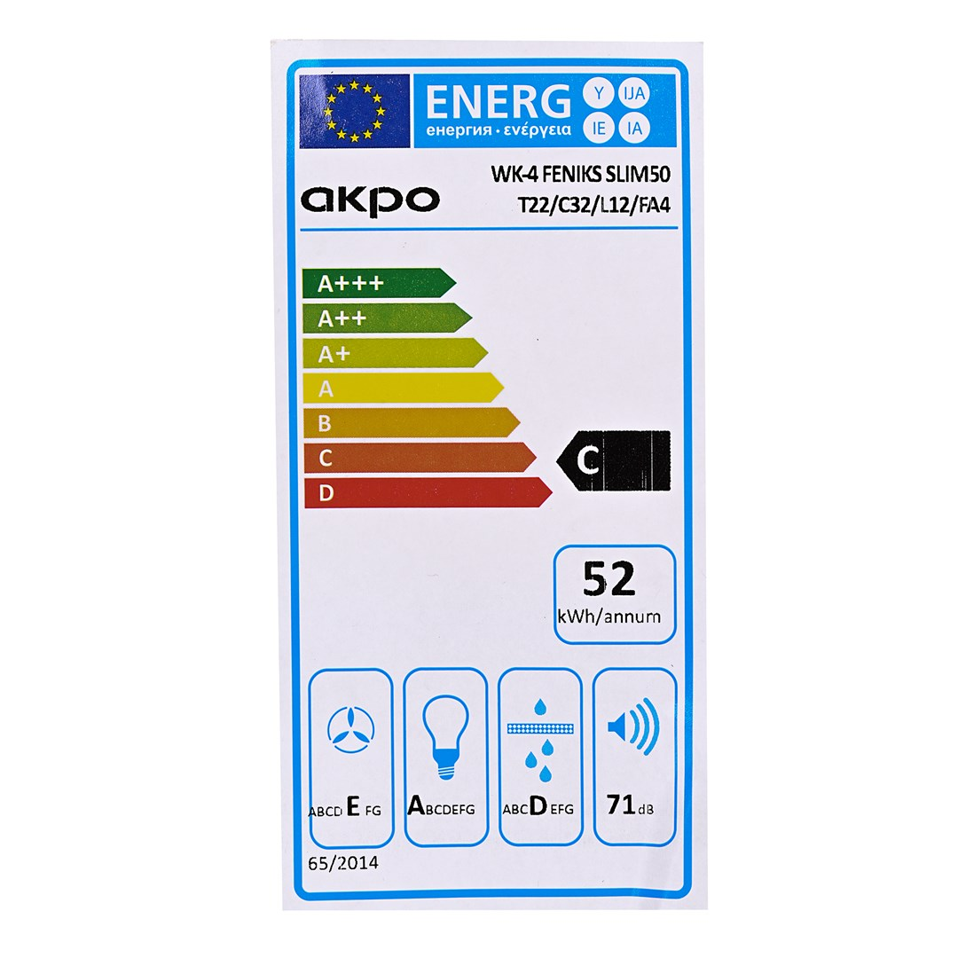 Etykieta energetyczna Akpo WK-4 Feniks Slim 50, klasa C, 52 kWh rocznie.