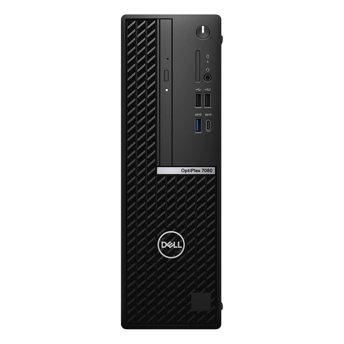 Vorderansicht eines schwarzen Dell OptiPlex 7080 Desktop-Computers mit Anschlüssen und Logo.