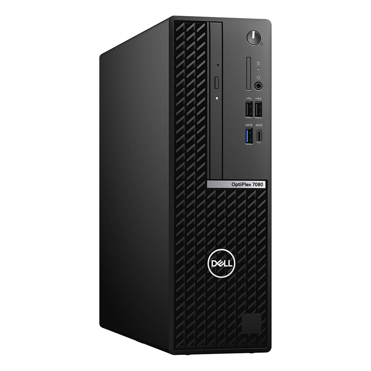 Ein schwarzer Dell OptiPlex 7080 Desktop-Tower-Computer mit Anschlüssen und Ein-/Ausschalter an der Vorderseite.