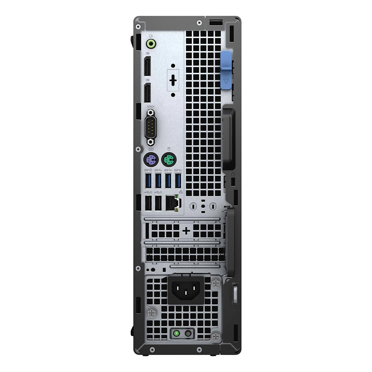 Rückseite eines Desktop-PCs mit verschiedenen Anschlüssen und Steckplätzen.