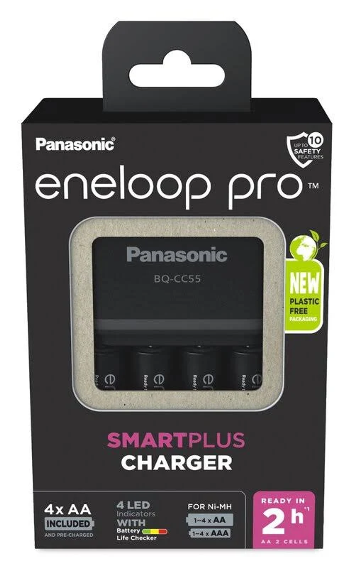 Opakowanie ładowarki Panasonic Eneloop Pro SmartPlus z czterema akumulatorami AA.