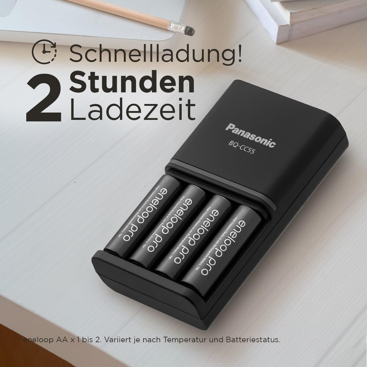 Czarna ładowarka Panasonic z czterema bateriami Eneloop pro na jasnym drewnianym stole, tekst o szybkim ładowaniu.