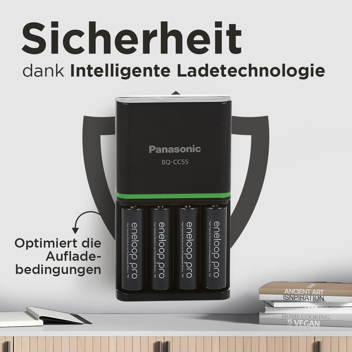 Ładowarka Panasonic BQ-CC55 z czterema akumulatorami Eneloop Pro stoi na stole, otoczona niemieckim tekstem.