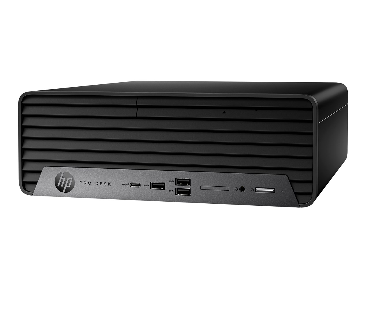 Czarny komputer stacjonarny HP ProDesk w pozycji poziomej z portami z przodu i logo HP.