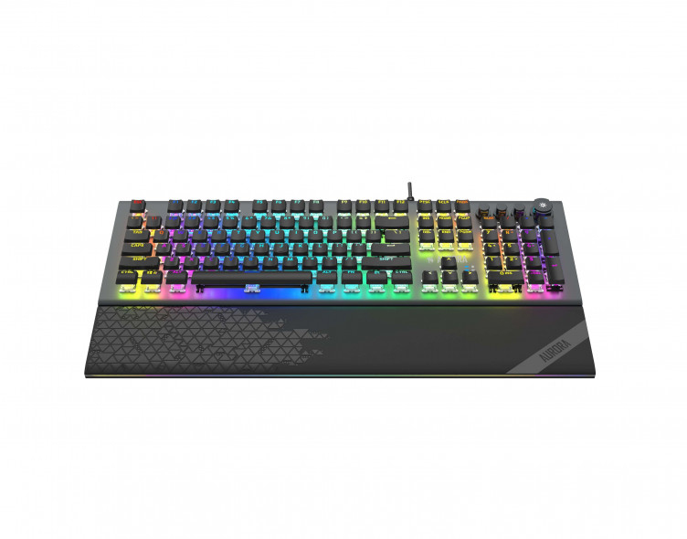 Czarna klawiatura gamingowa z kolorowym podświetleniem RGB i podpórką pod nadgarstki.