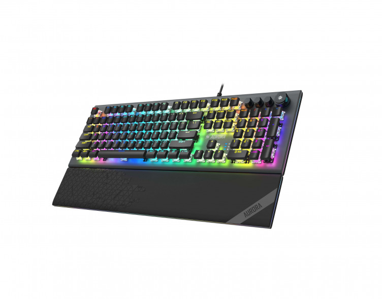 Czarna klawiatura mechaniczna z żywym podświetleniem RGB i dołączoną podkładką pod nadgarstki.