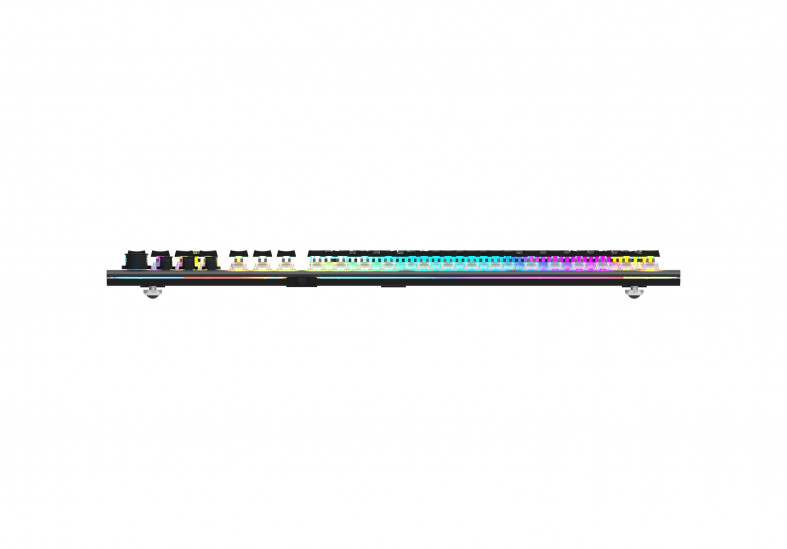 Widok z boku smukłej, czarnej klawiatury mechanicznej z żywym oświetleniem RGB u podstawy.