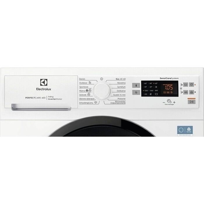 Panel sterowania białej pralki Electrolux z centralnym pokrętłem, przyciskami i wyświetlaczem.