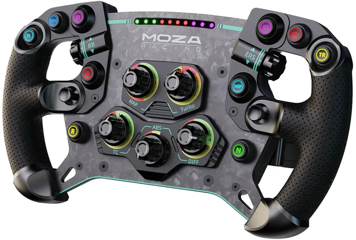 Un volante negro de Moza Racing con numerosos botones coloridos, diales e indicadores LED.