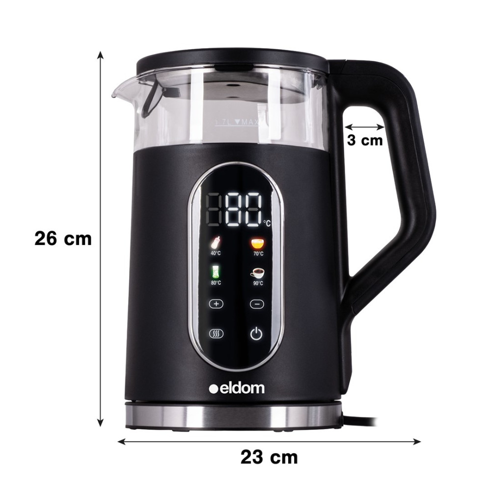 Czarny czajnik elektryczny z wyświetlaczem cyfrowym, przyciskami temperatury oraz wymiarami 26 cm wysokości i 23 cm szerokości.