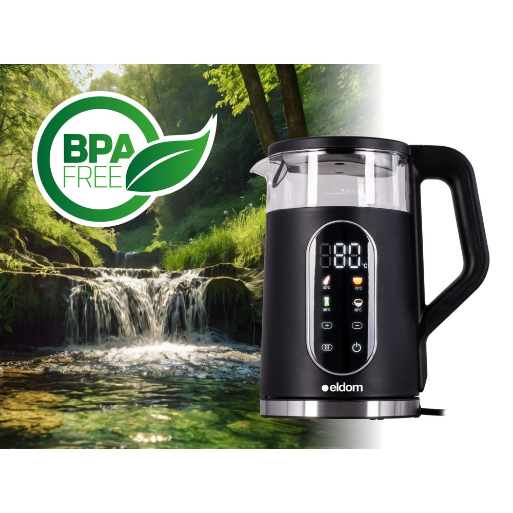 Czarny czajnik elektryczny Eldom z cyfrowym wyświetlaczem na tle leśnego wodospadu z pieczęcią BPA free.