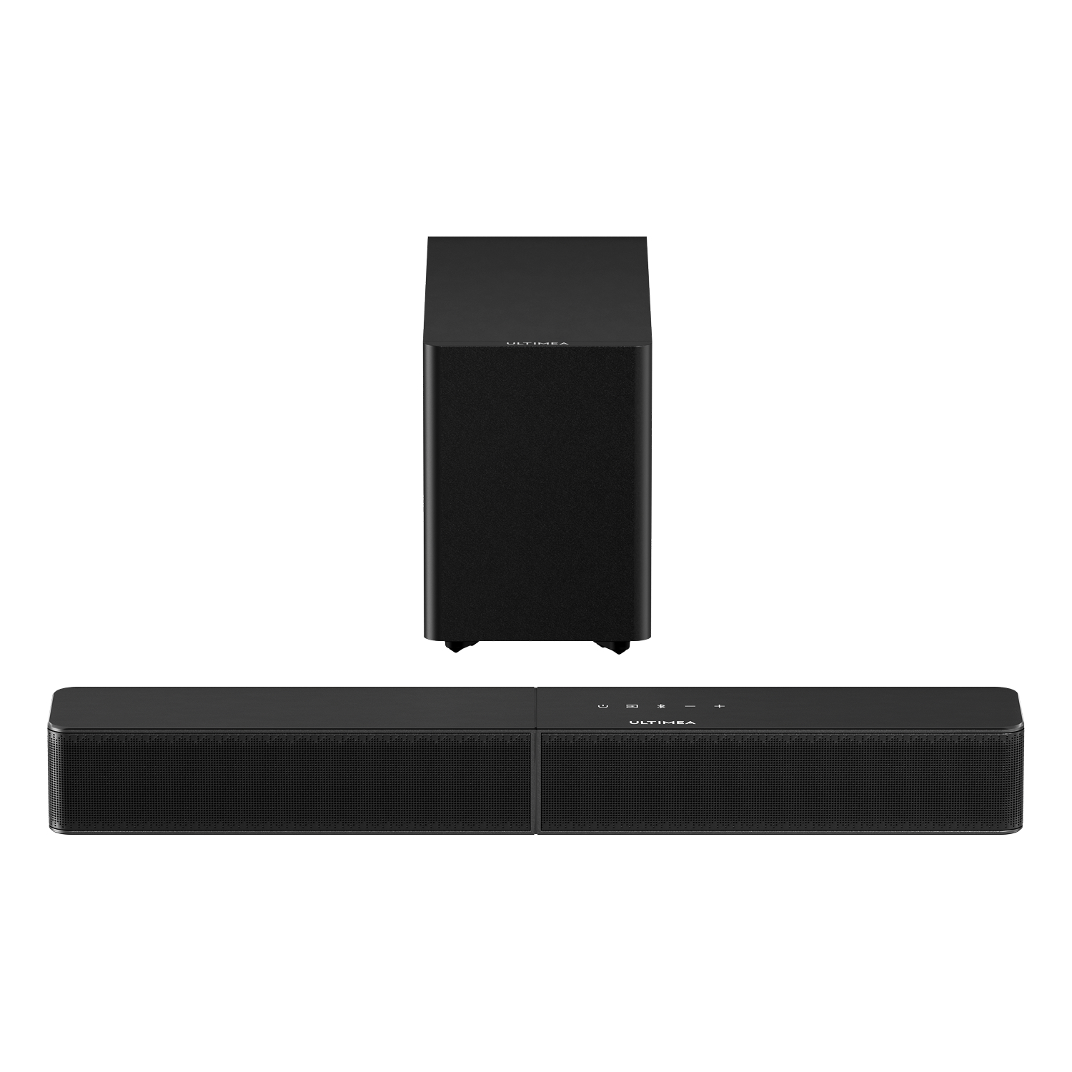 Eine schwarze Ultimea Soundbar und ein passender Subwoofer vor weißem Hintergrund.