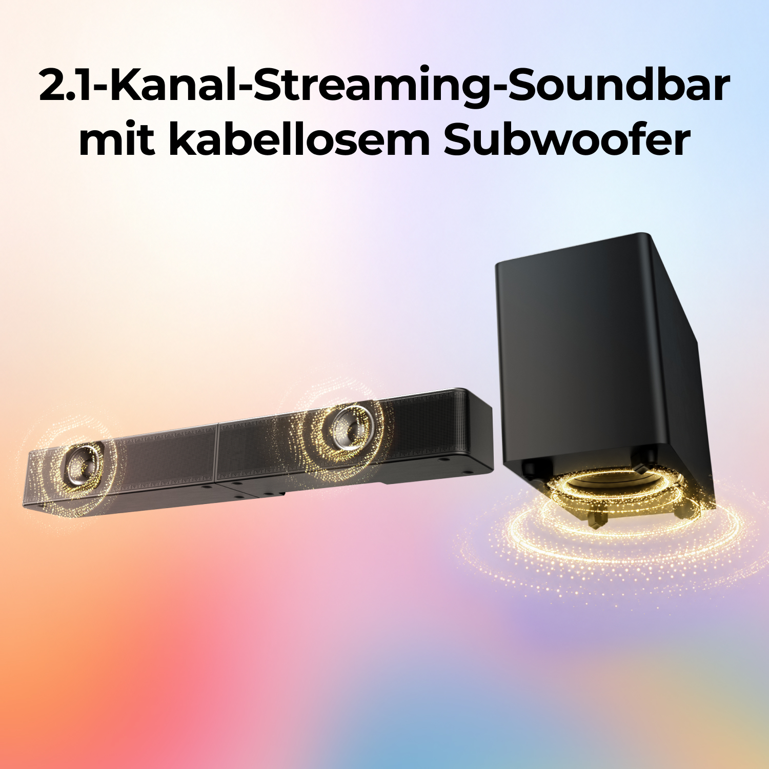 Schwarze 2.1-Kanal-Streaming-Soundbar mit kabellosem Subwoofer auf buntem Hintergrund mit goldenen Soundwellen.