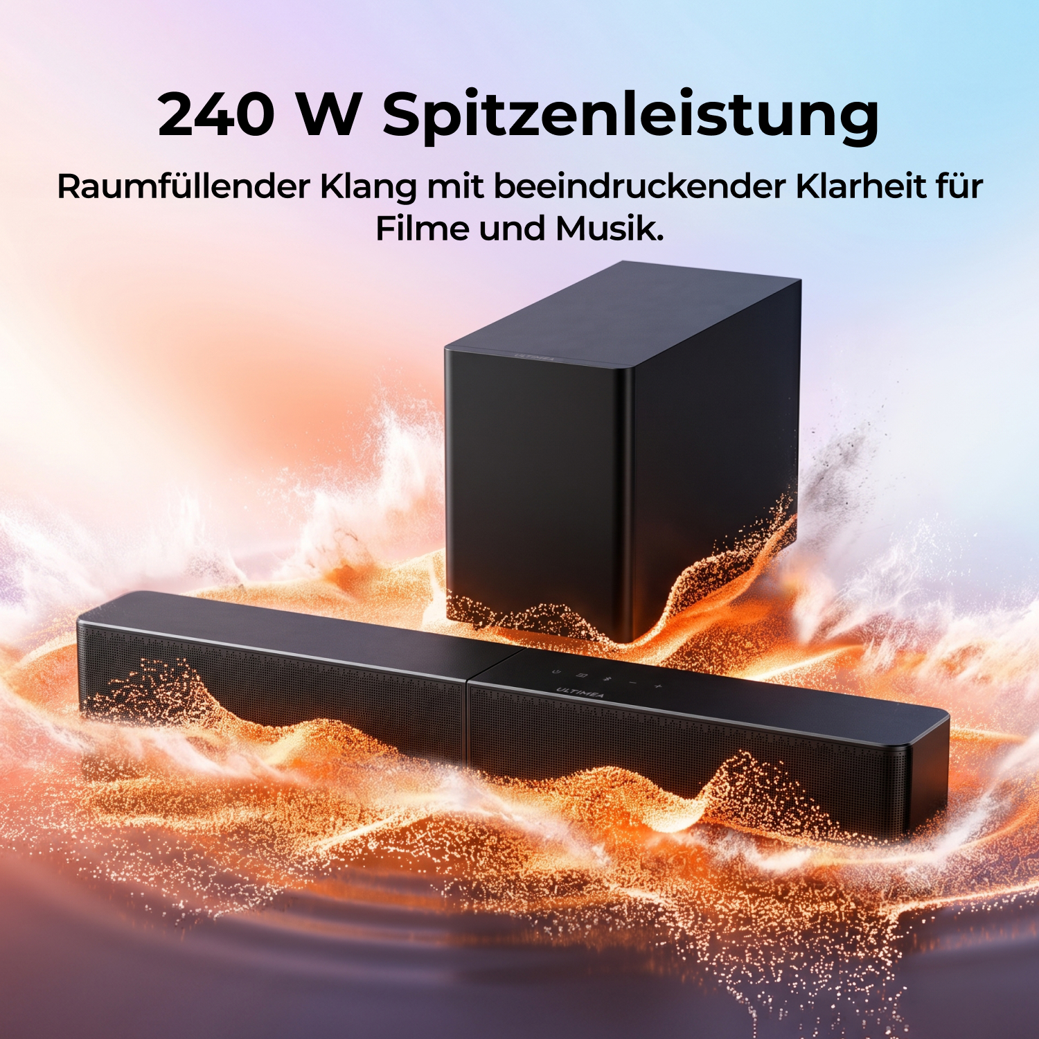 Schwarze Soundbar und Subwoofer mit orangefarbenem Lichteffekt und Text.