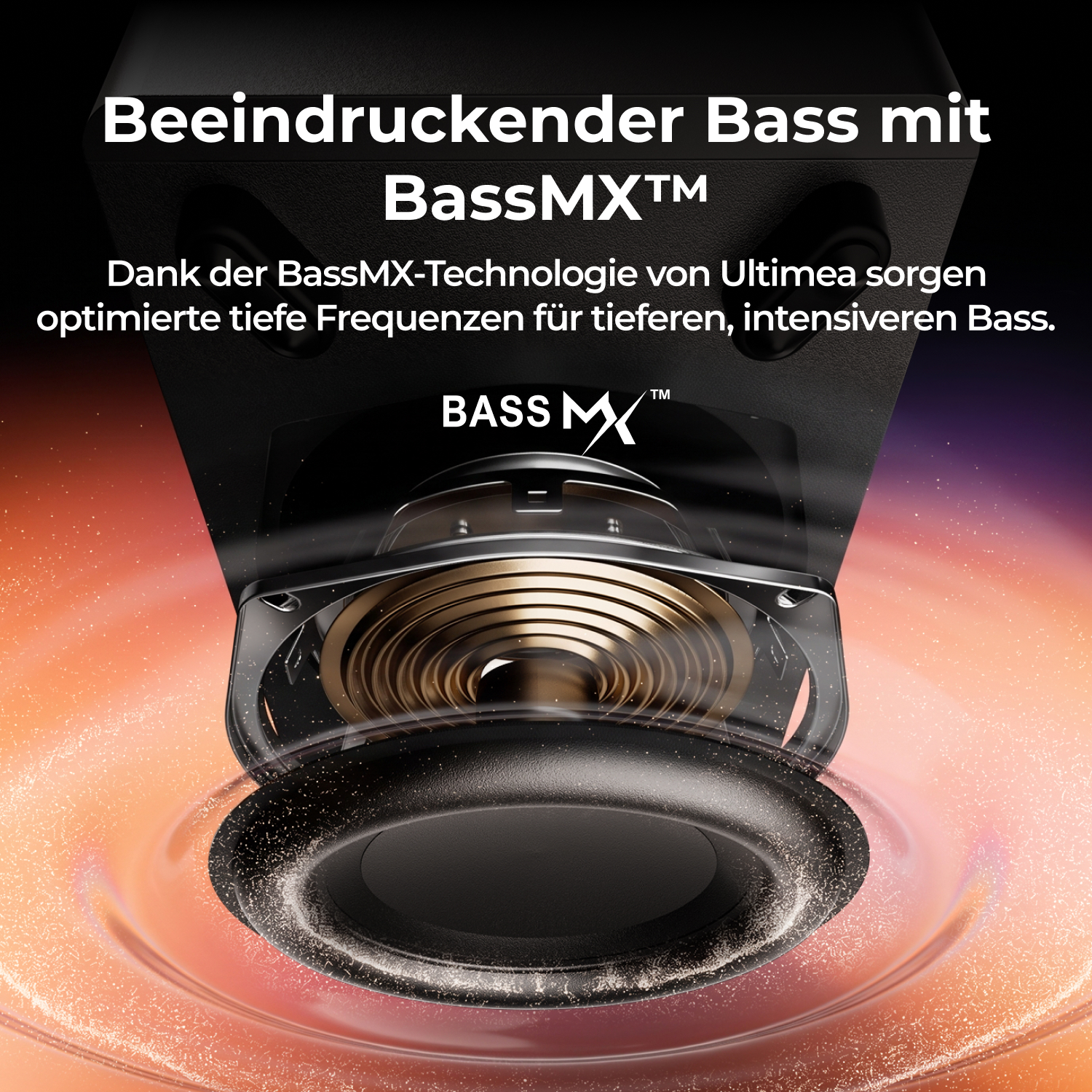Ultimea-Subwoofer mit BassMX-Technologie zeigt Tiefton-Schallwellen.