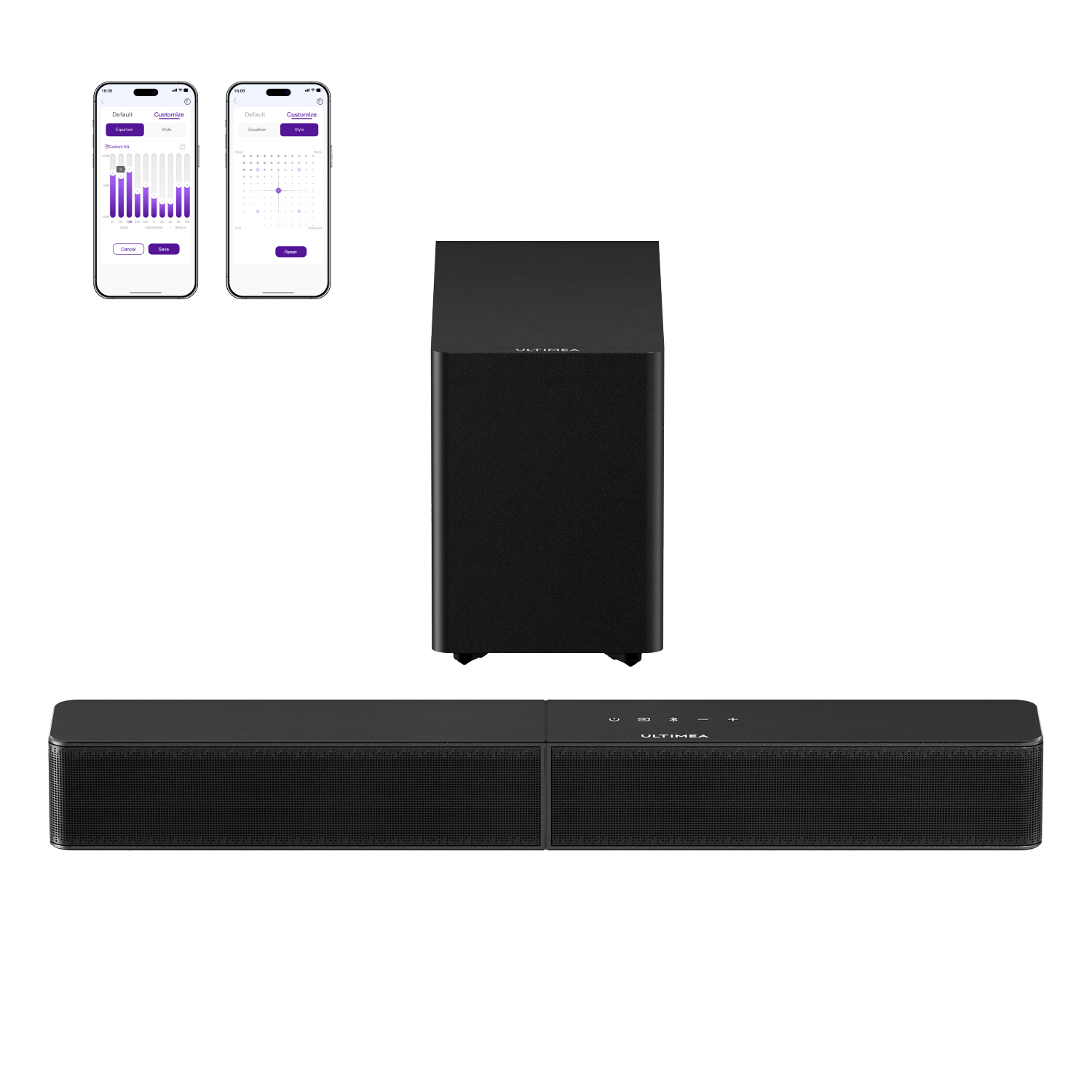 Schwarze Soundbar mit Subwoofer und zwei Smartphones mit Equalizer-App.