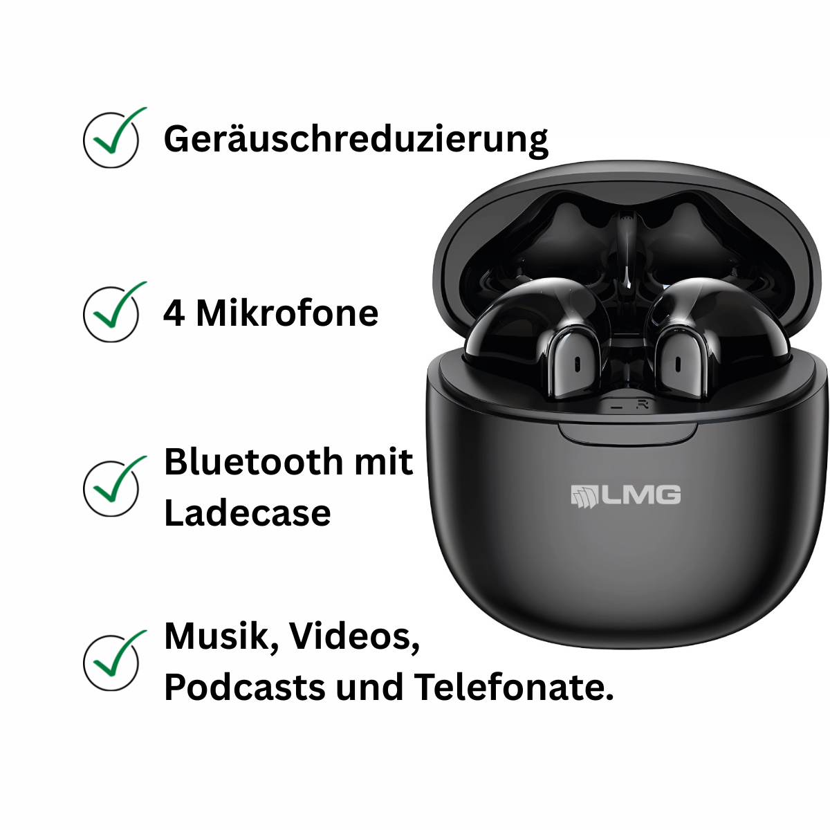 Schwarze In-Ear-Kopfhörer im Ladecase mit Funktionsmerkmalen wie Geräuschreduzierung.