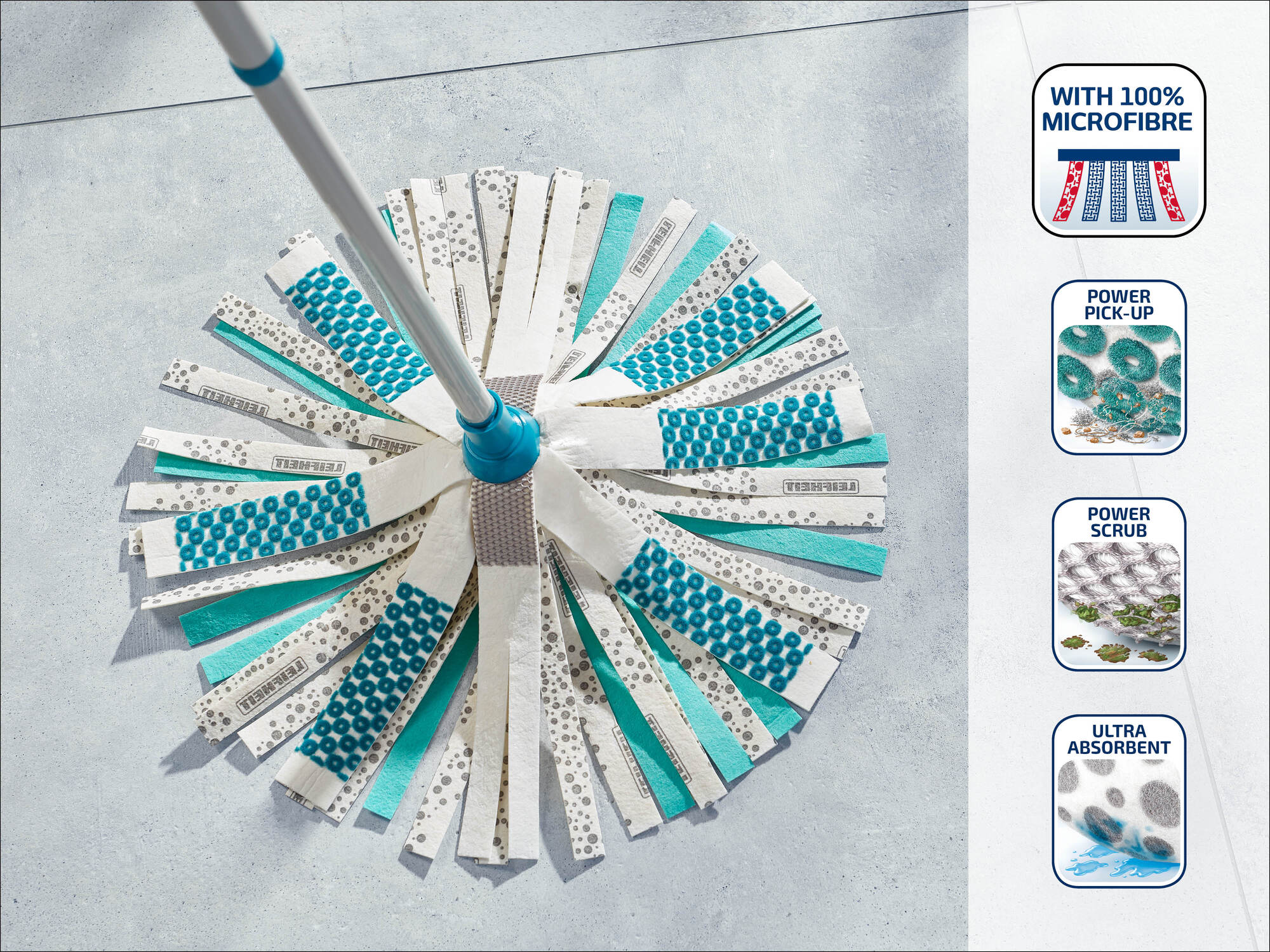 Mop z mikrofibry na szarej podłodze z infografikami funkcji produktu po prawej stronie.