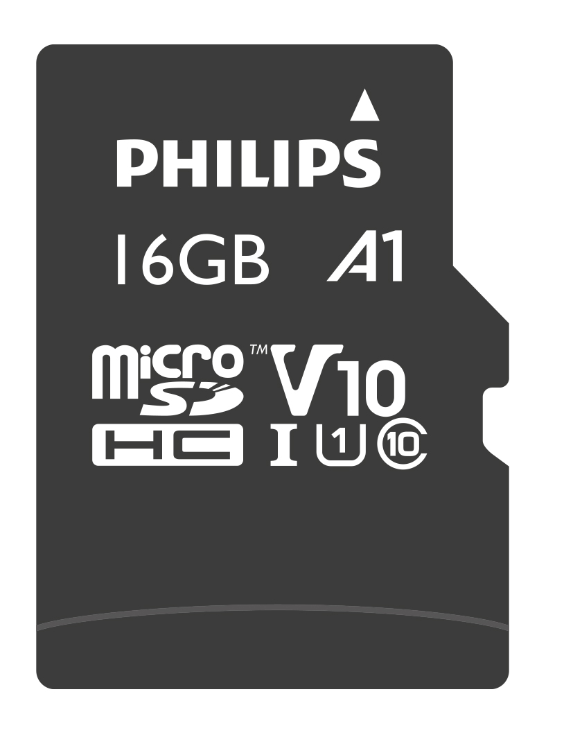 A black Philips 16GB micro SDHC memory card with white text and logos.