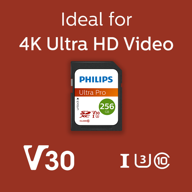 A Philips Ultra Pro 256GB SD memory card against a red background with text and icons.