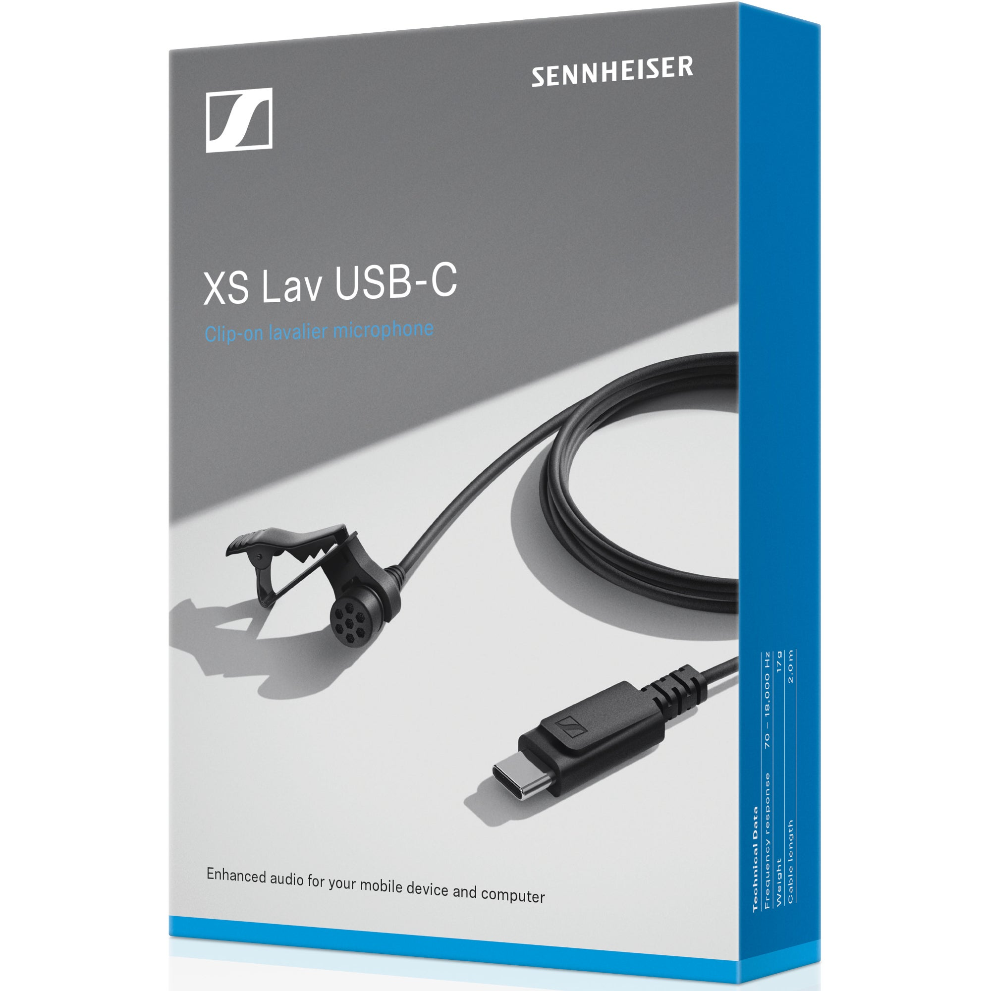 Mikrofon krawatowy Sennheiser XS Lav USB-C w opakowaniu.