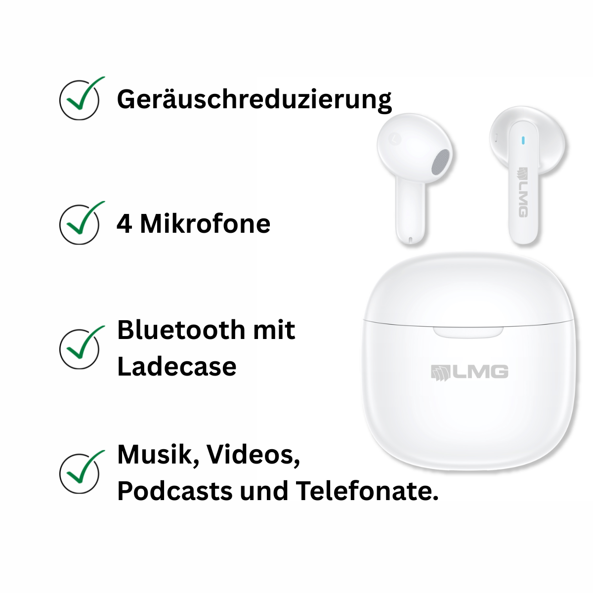Weisse kabellose Ohrhörer mit Ladecase und Funktionsliste auf weissem Hintergrund.