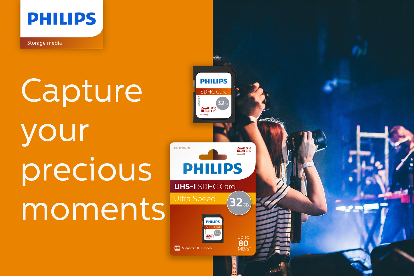 Philips 32GB SDHC memory card on orange background with the slogan Capture your precious moments.