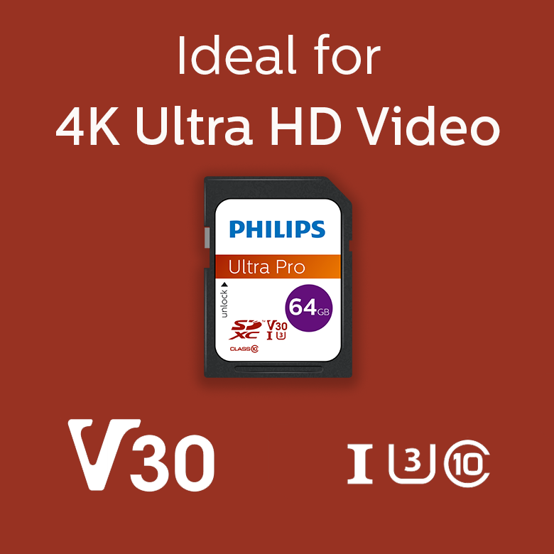 Philips 64GB Ultra Pro SD card, ideal for 4K Ultra HD video, on a red background with V30 and class icons.