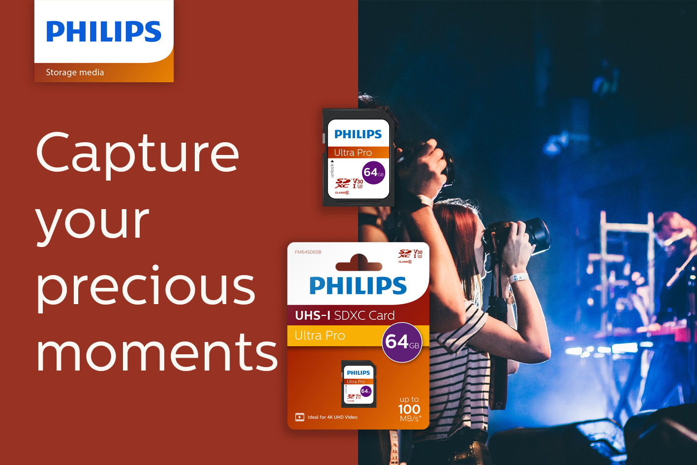 Philips 64GB SD card displayed against a blurred concert background with photographers.